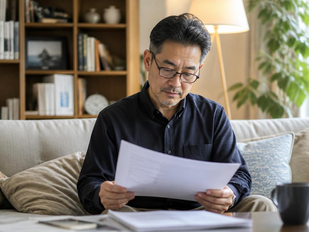 Man reading disability application documents on a couch