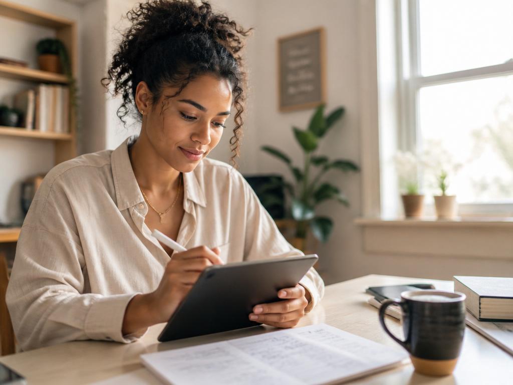 Young woman using a tablet to complete her disability application at home