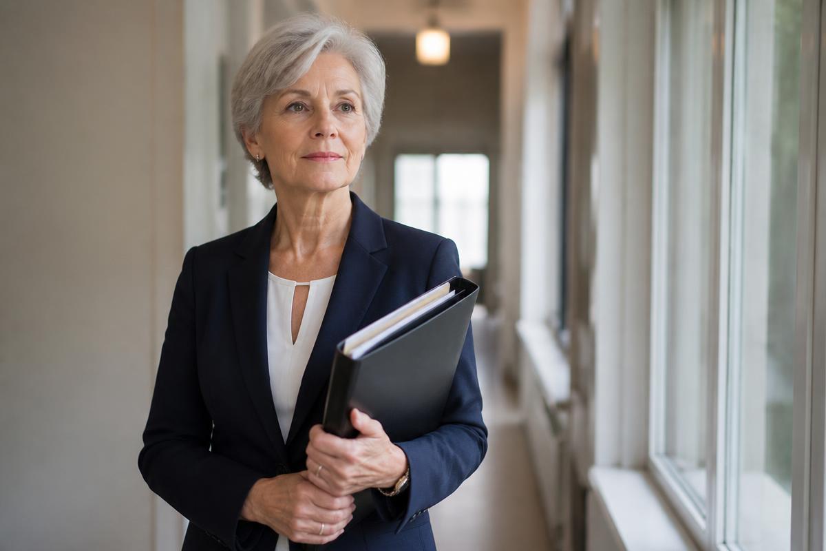 A woman in a blazer holding a prepared document binder before an important appointment