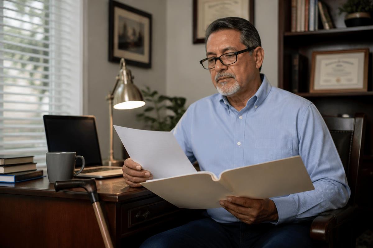 A man in a home office reading a decision letter and a folder of records, a cane beside his desk