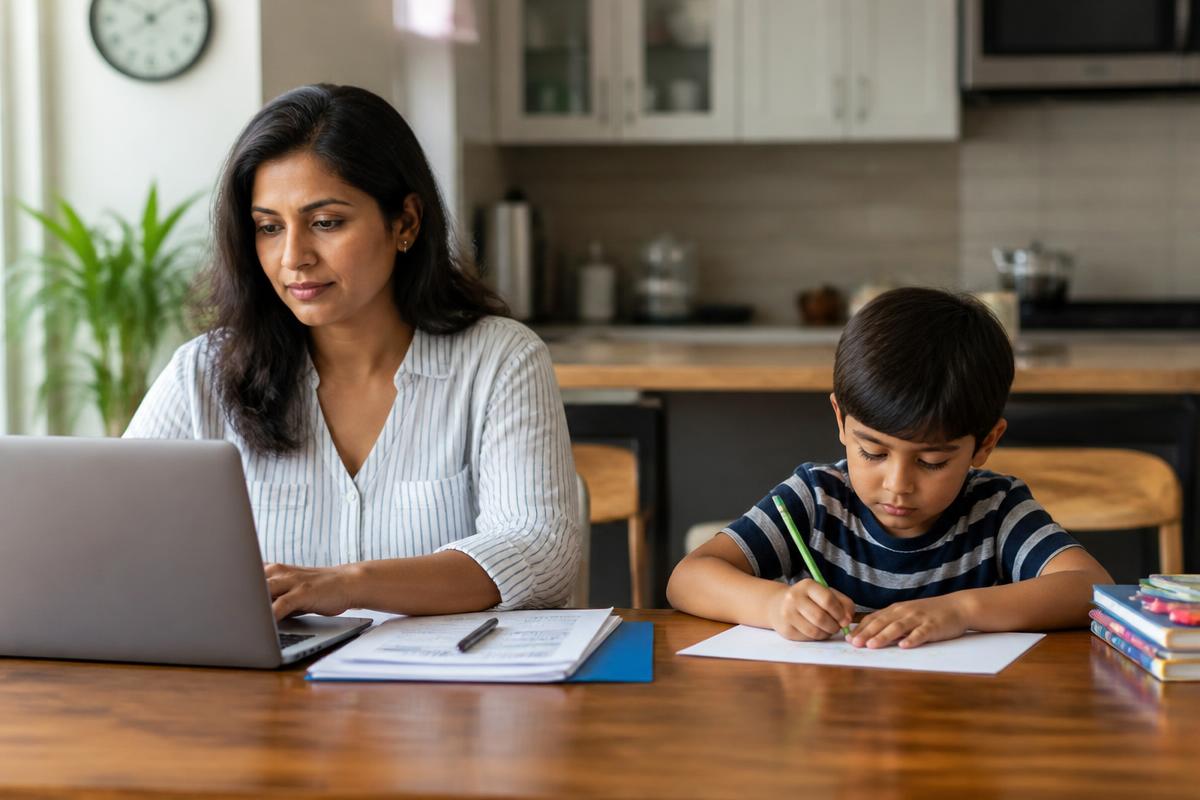 A mother filling out an application on a laptop while her young son draws beside her